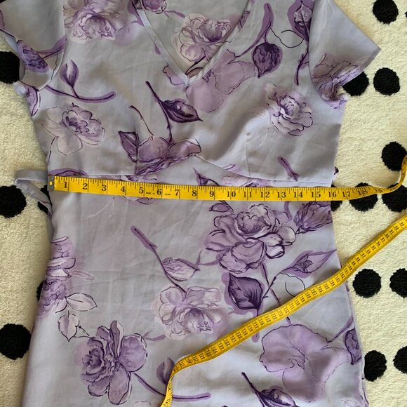 Vintage 90s Purple Floral Midi Dress Empire Waist Short Sleeve Tie Back - Picture 13 of 16